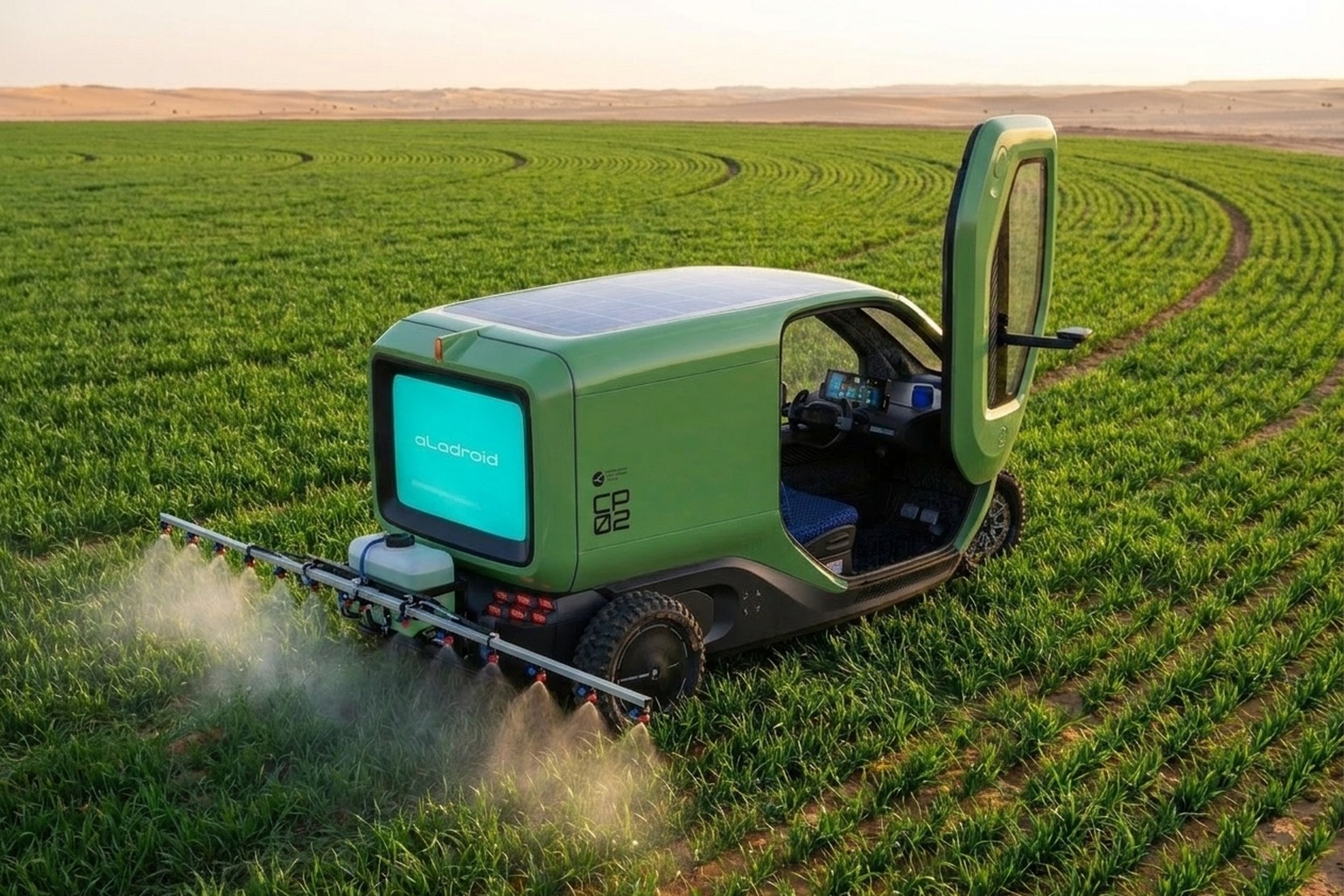 Cleverpod CP02 as a crop-spraying unit on a Tabuk pivot-irrigation farm — concept render, illustrative livery