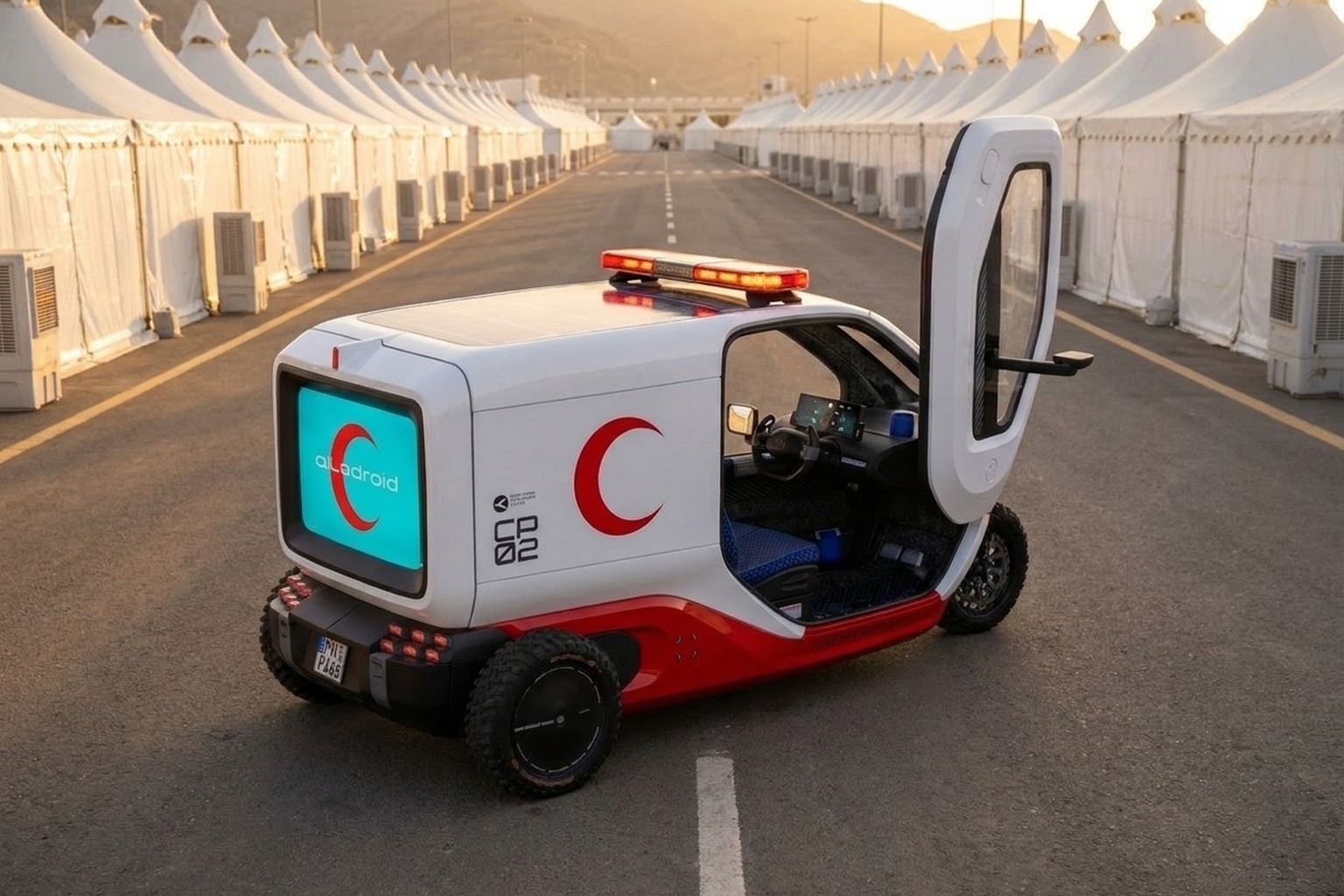 Cleverpod CP02 as a Red Crescent emergency-response unit among the tents of Mina at Hajj — concept render, illustrative livery