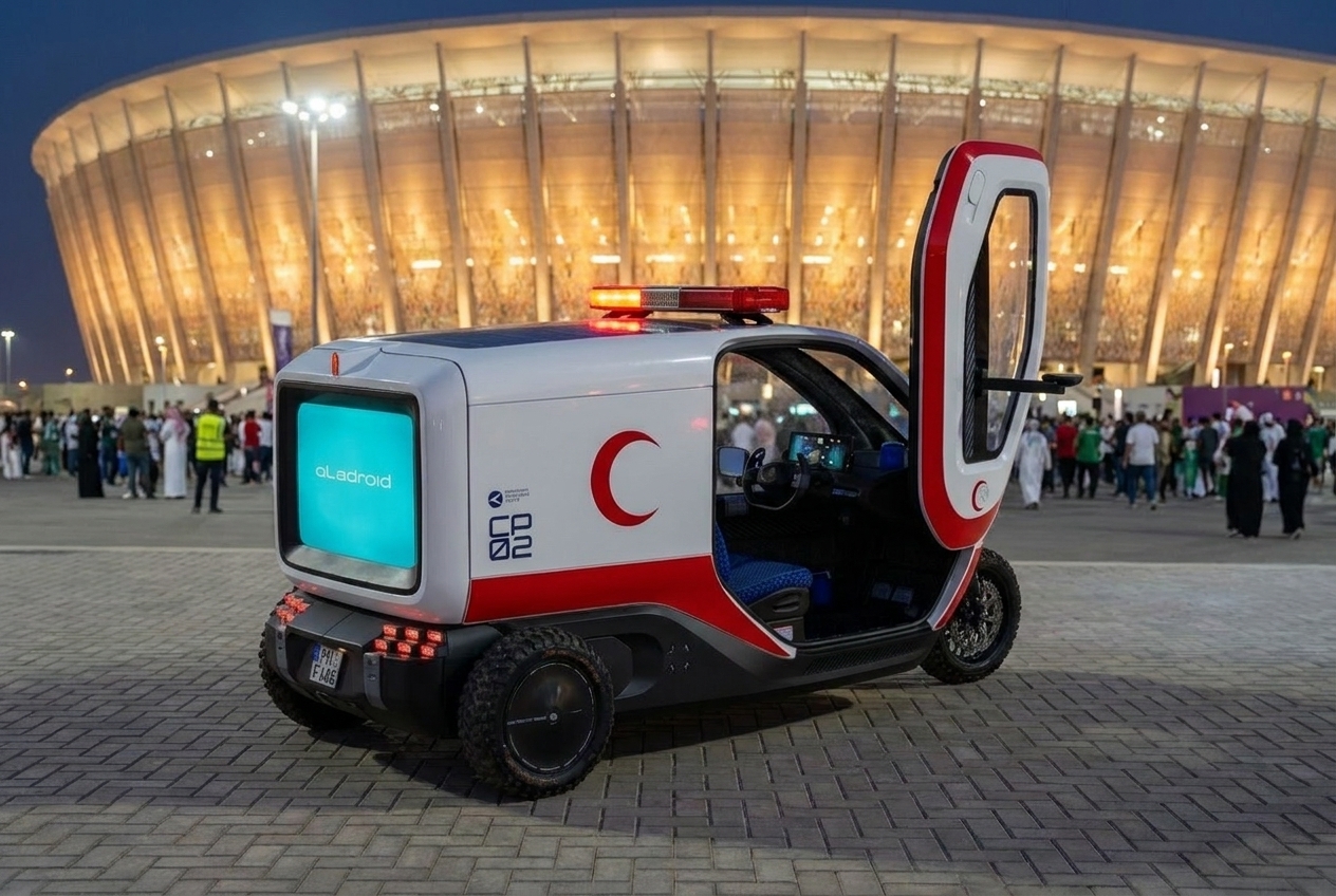 Cleverpod CP02 in Saudi Red Crescent EMS livery on standby at a stadium event — illustrative render