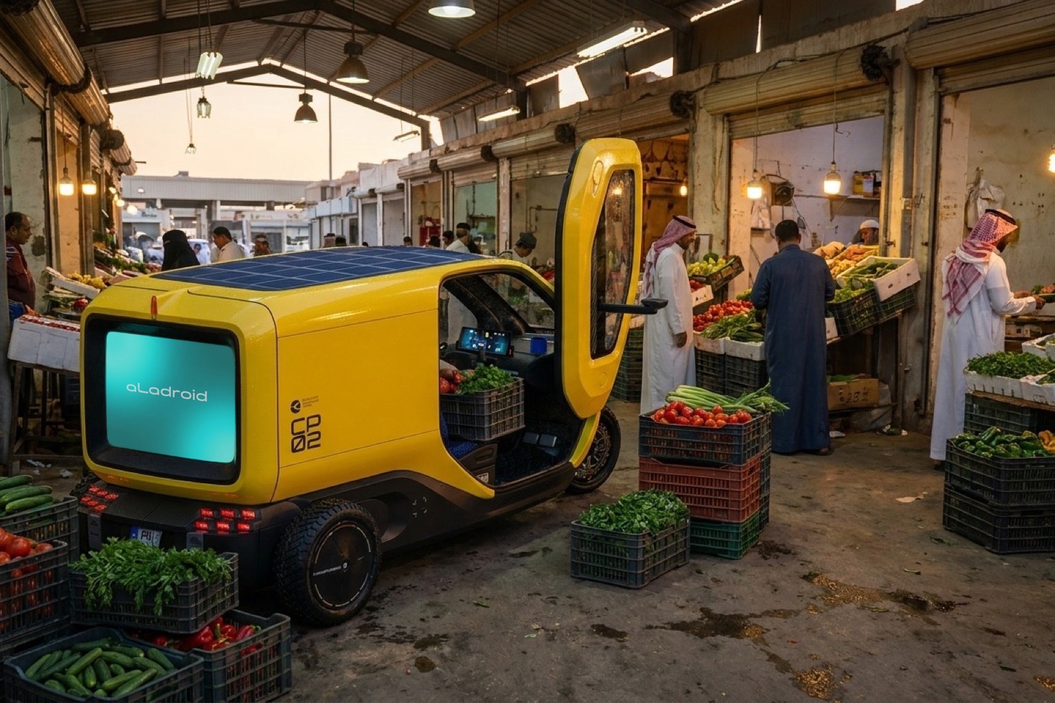 Cleverpod CP02 loading inside a narrow Riyadh wholesale-market service aisle (concept render, illustrative livery)