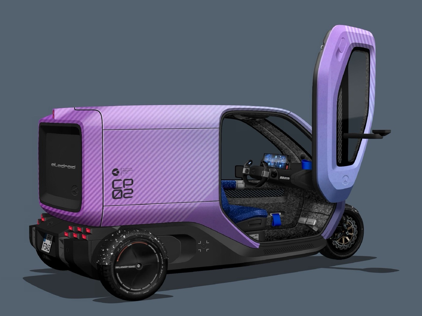Cleverpod CP02 — production-intent design render, door open showing cabin and cargo (illustrative livery)