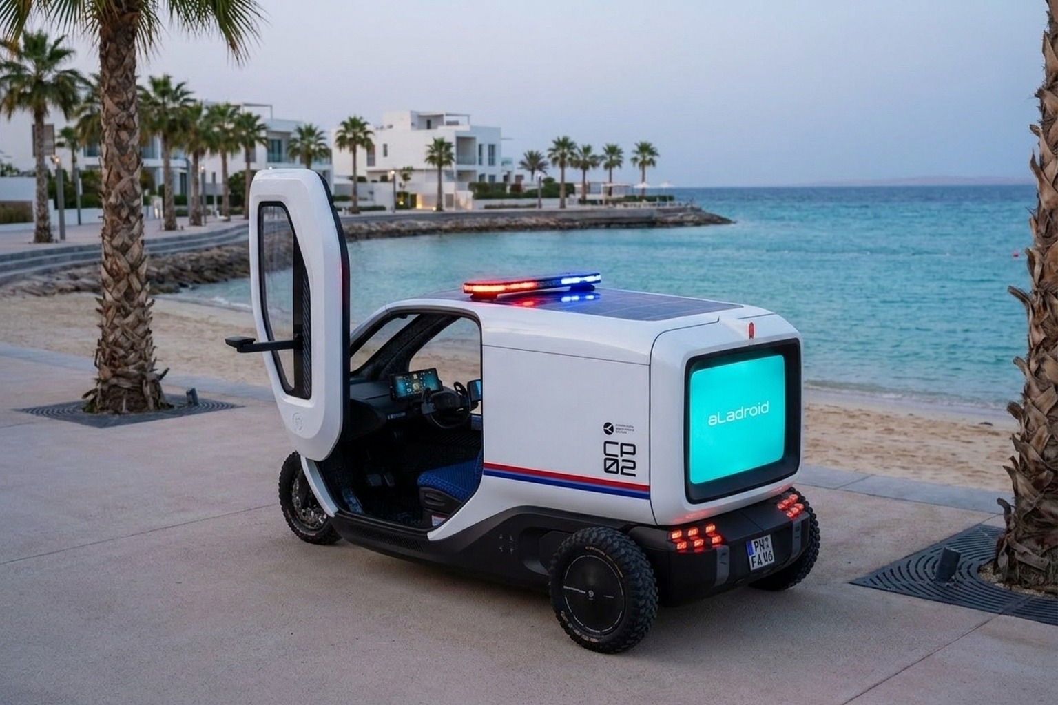 Cleverpod CP02 as a perimeter-patrol unit at a Red Sea Global coastal resort — concept render, illustrative livery