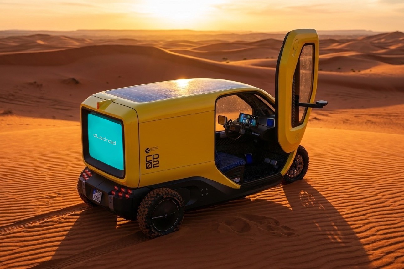 Cleverpod CP02 — concept render on the Riyadh Red Sands dunes, solar roof catching the light (illustrative livery)