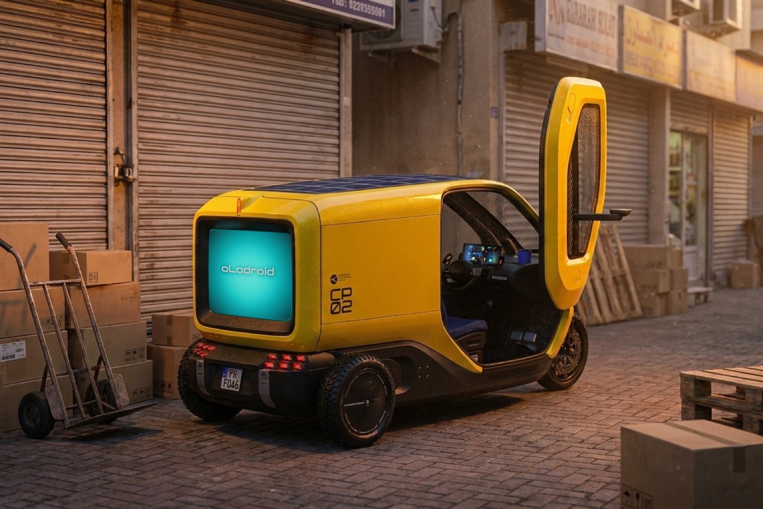 Cleverpod CP02 making a delivery in a narrow Riyadh souk service lane (concept render, illustrative livery)