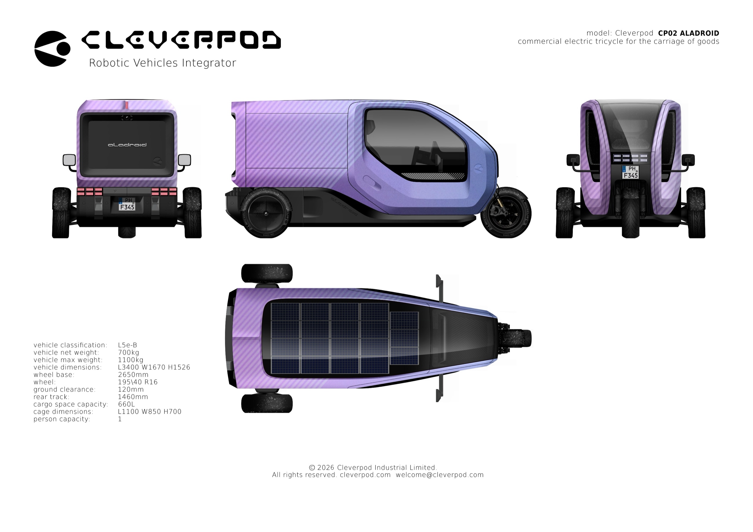 Cleverpod CP02 Aladroid — design specification: front, side, rear and top views with dimensions